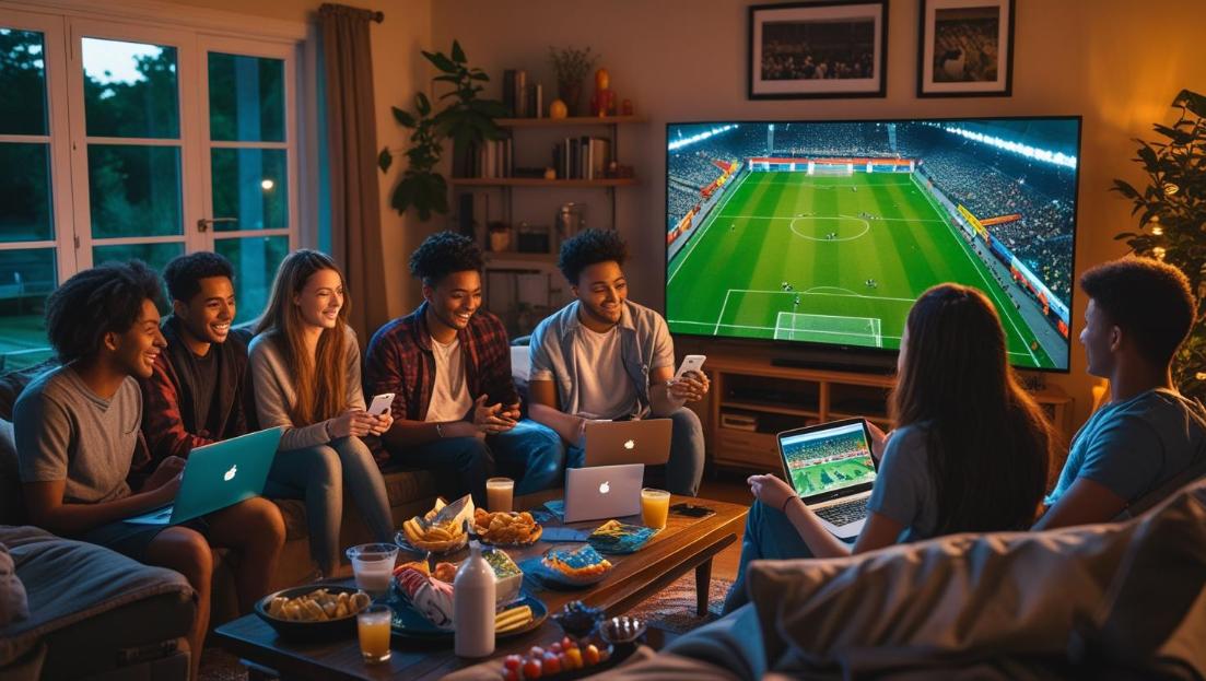 Exploring the Role of Maxi Doge in Future Sports Betting Communities Friends cheer during soccer game while tracking crypto markets on laptops simultaneously - Exploring the Role of Maxi Doge in Future Sports Betting Communities