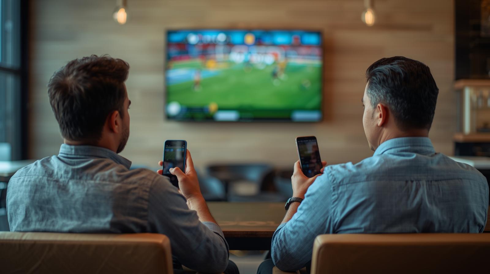 Two men watching live sports while casually betting on their phones together - Breaking Down Sports Betting Data to Understand the True Value of Rakeback Bonus