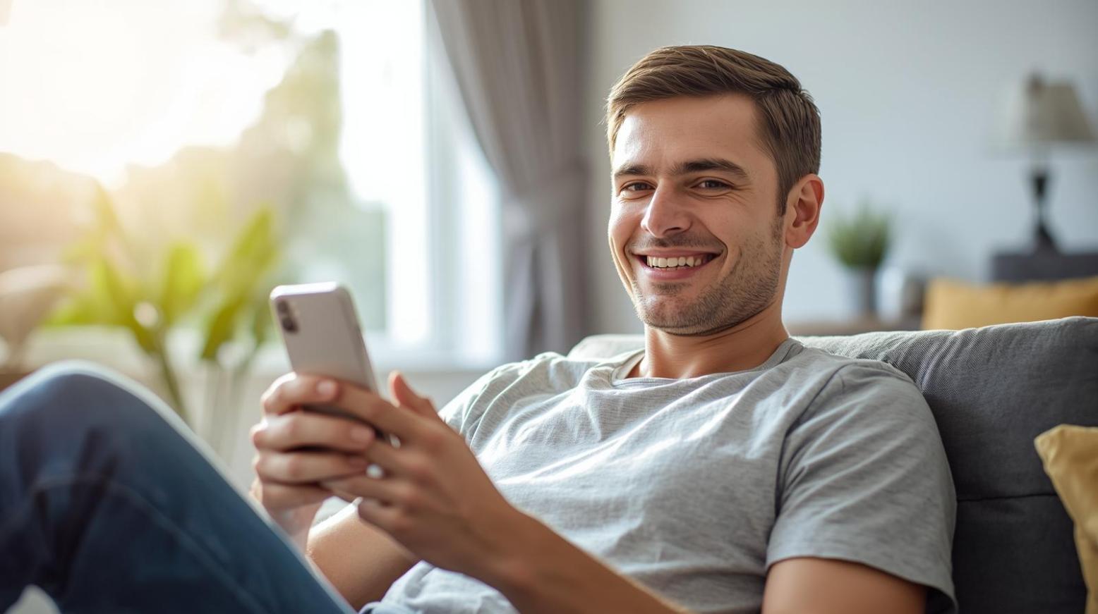 A relaxed sports fan smiling while checking a smartphone in a bright casual setting - Can 55five&rsquo;s User Engagement Teach Traditional Sportsbooks How to Retain Fans