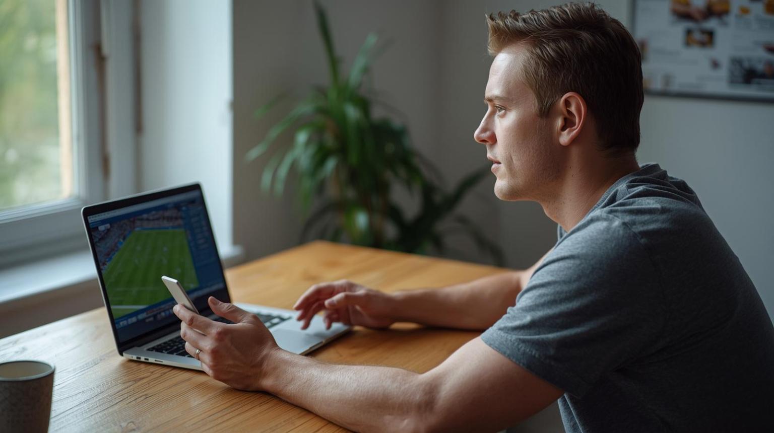 Man watching sports on laptop while placing bets using smartphone at home - Gambling Sites Mark a More Connected and Dynamic Era for Sports Betting Fans